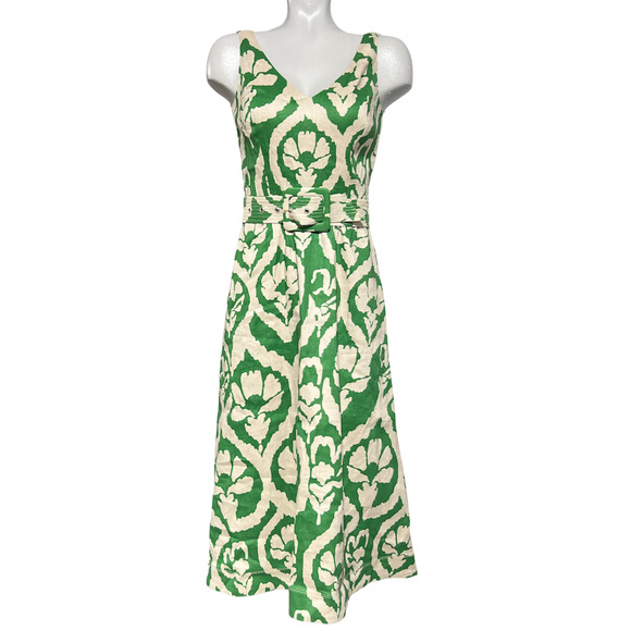 NEW WHITE HOUSE BLACK MARKET WHBM TAN GREEN LINEN BLEND BELTED MIDI DRESS 00 - Picture 1 of 13